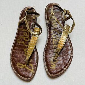 Sam Edelman Shoes Womens 8.5 Gigi Sandals Gold Patent Thong Flats Strappy Beach